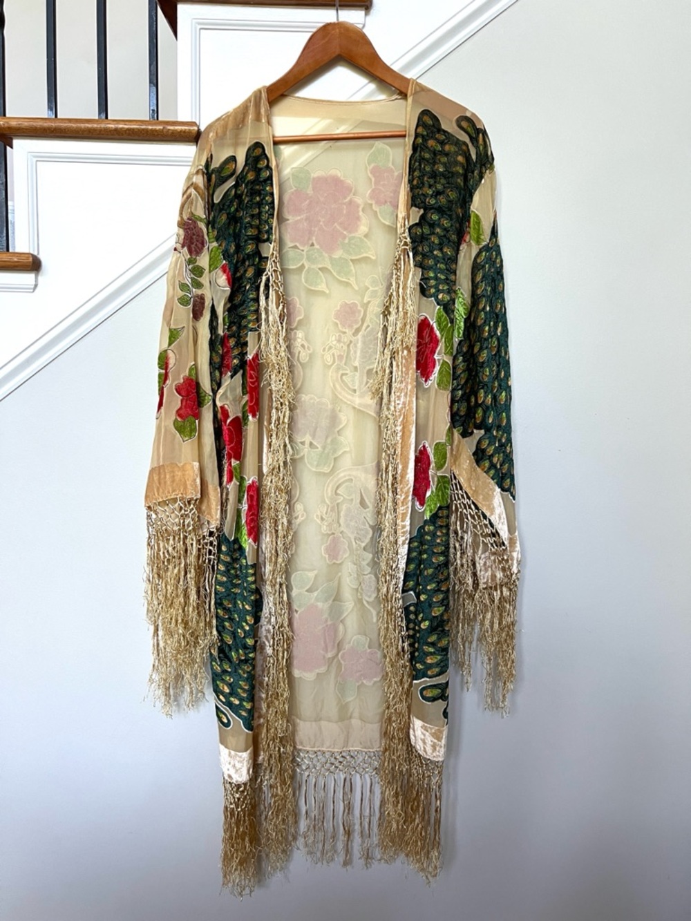 Peacock Burnout Velvet Fringe Kimono Robe Boho Festival BeigeTeal Silk Duster OS - Picture 2 of 14